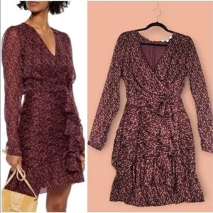 Walter Baker Size 6 Ruffle Faux Wrap Dress Burgundy Gold Rose Floral Ruched